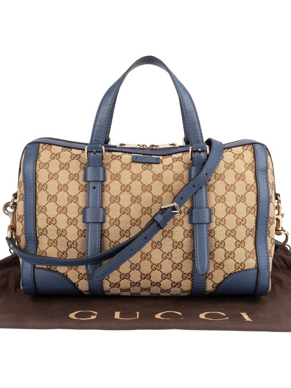 🩵 Gucci Beige GG Monogram Boston Bag with Blue Leather Trim | Medium